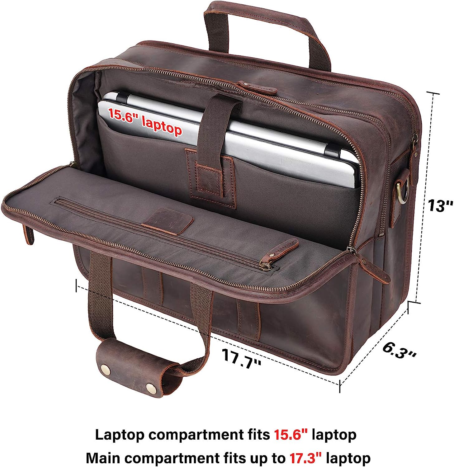Men's Full Grain Leather Briefcase Large 17 Inch Business Travel Laptop Messenger Bag Tote with YKK Metal Zippers - Image 7